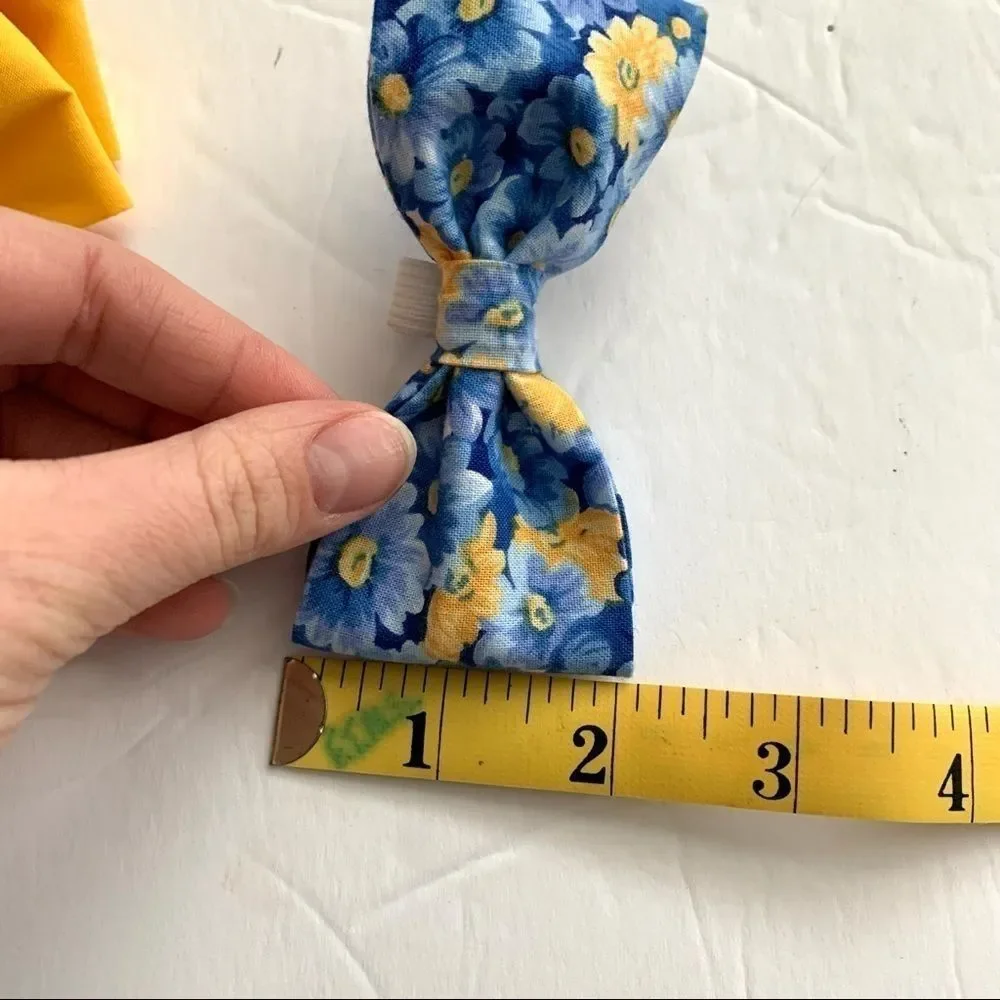 Handmade Set of 3 Dog Bows for Collar Blue & Yellow Floral 4 x 2 inches